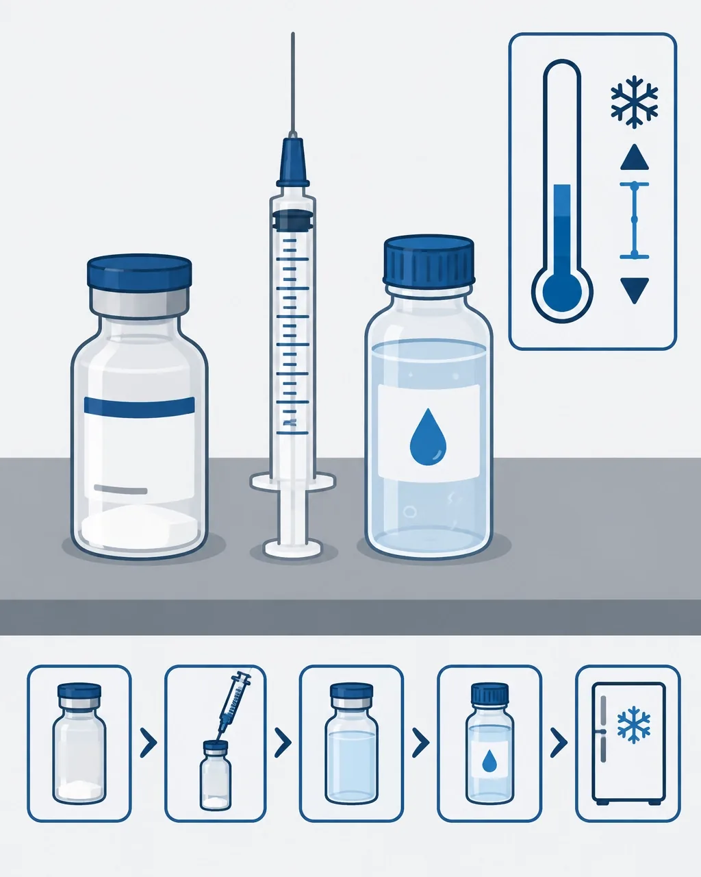Ilustração técnica de reconstituição com frasco, seringa e faixa de refrigeração