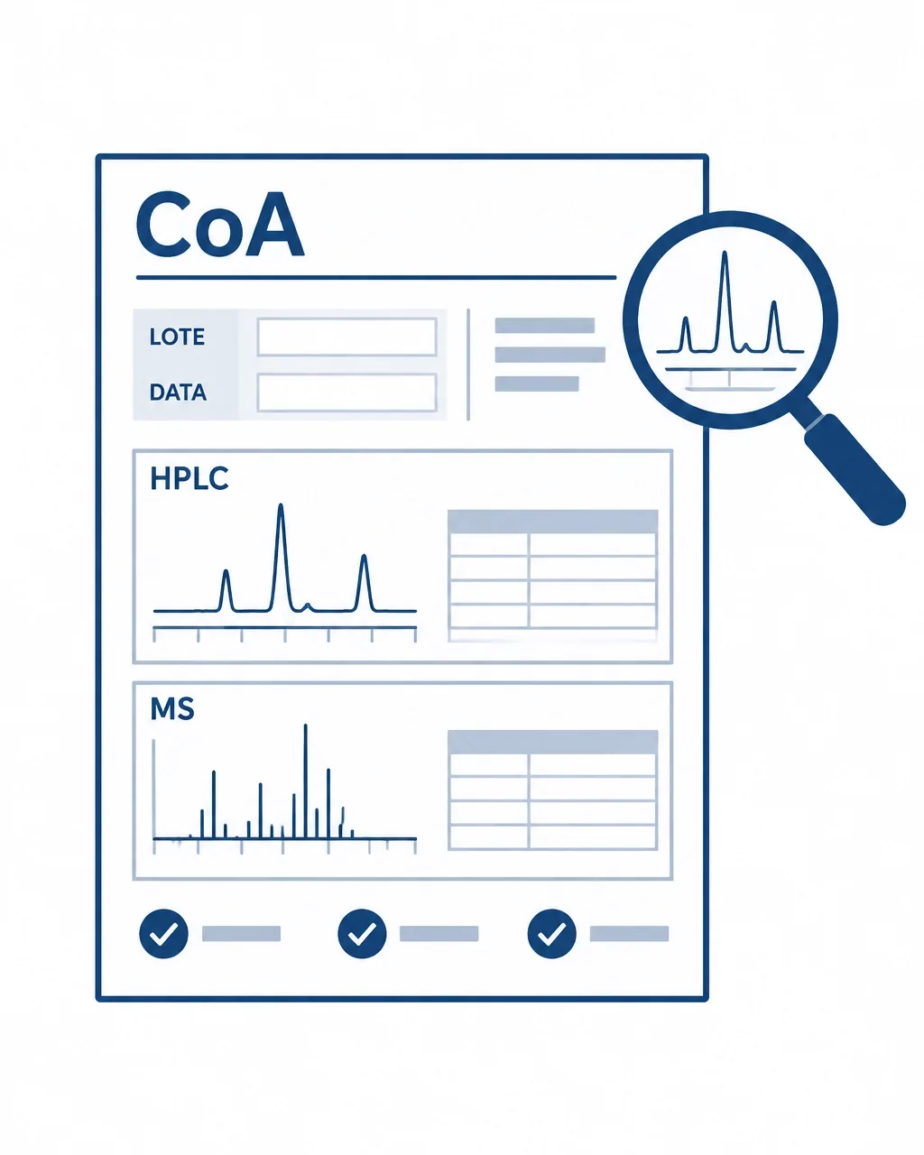 Certificado de análise CoA com campos de lote, HPLC, MS e verificações técnicas
