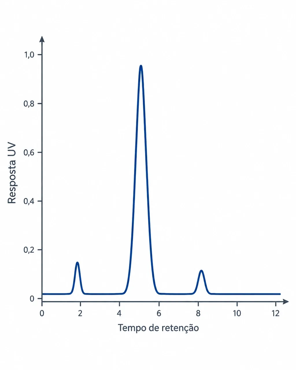 Cromatograma HPLC com um pico principal dominante e picos menores de impurezas