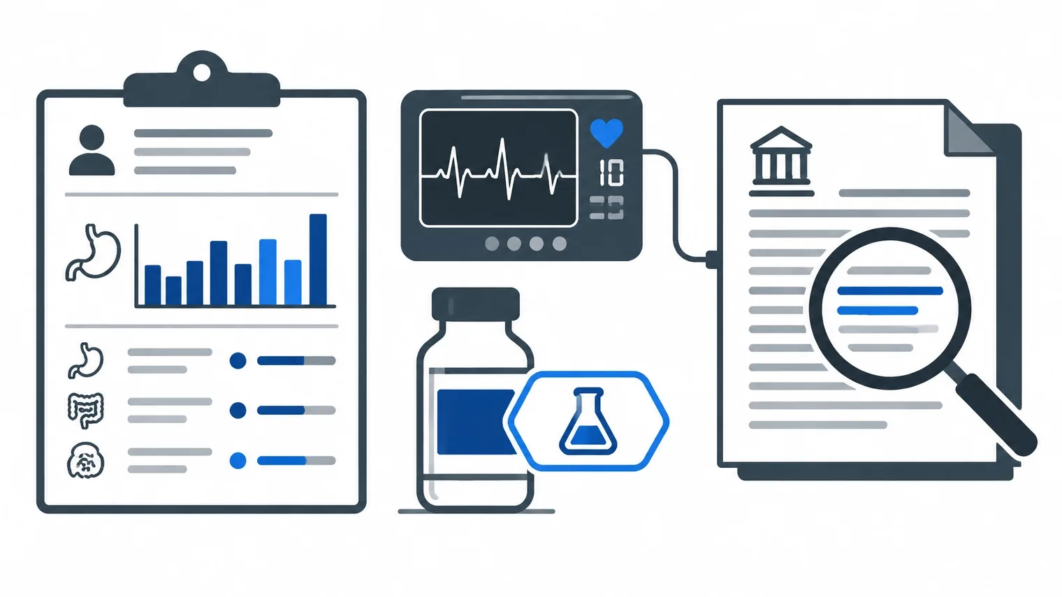Ilustração vetorial de monitoramento de eventos gastrointestinais, frequência cardíaca e avaliação regulatória
