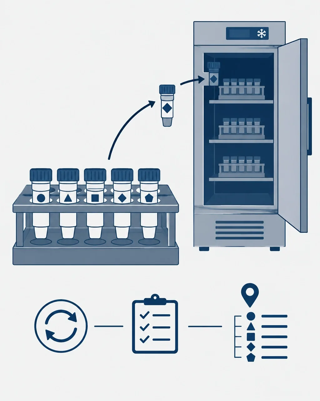Rack de laboratório com alíquotas, freezer e indicação visual de controle de ciclos