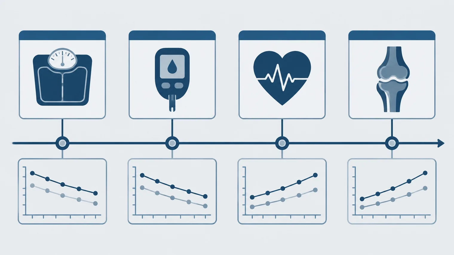 Ilustração dos quatro eixos clínicos do programa TRIUMPH: peso, glicemia, sistema cardiovascular e joelho