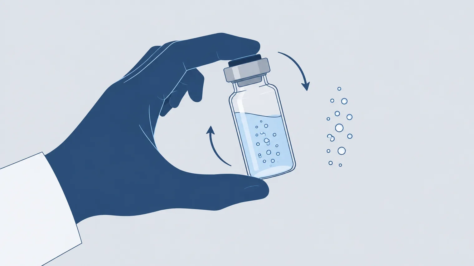 Ilustração técnica de rolagem suave de um frasco de peptídeo durante a reconstituição