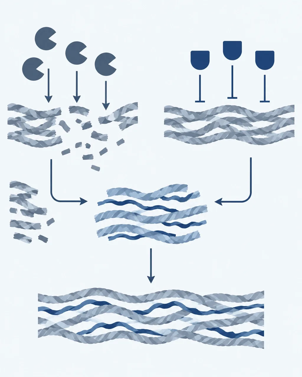 Infográfico vetorial sobre o equilíbrio entre MMPs, TIMPs e depósito de colágeno na matriz extracelular