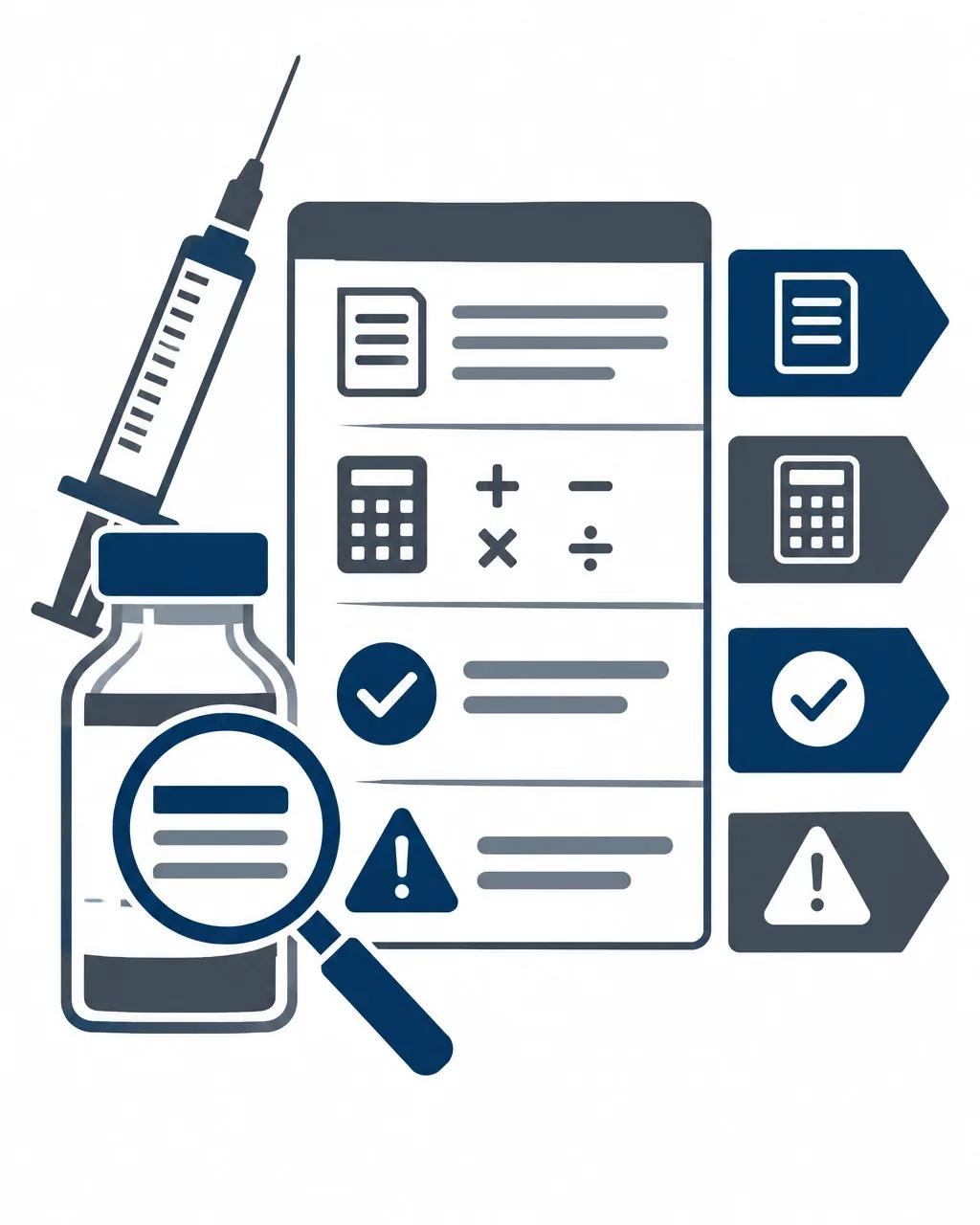 Ficha visual de conferência para cálculo farmacêutico com frasco, lupa e seringa