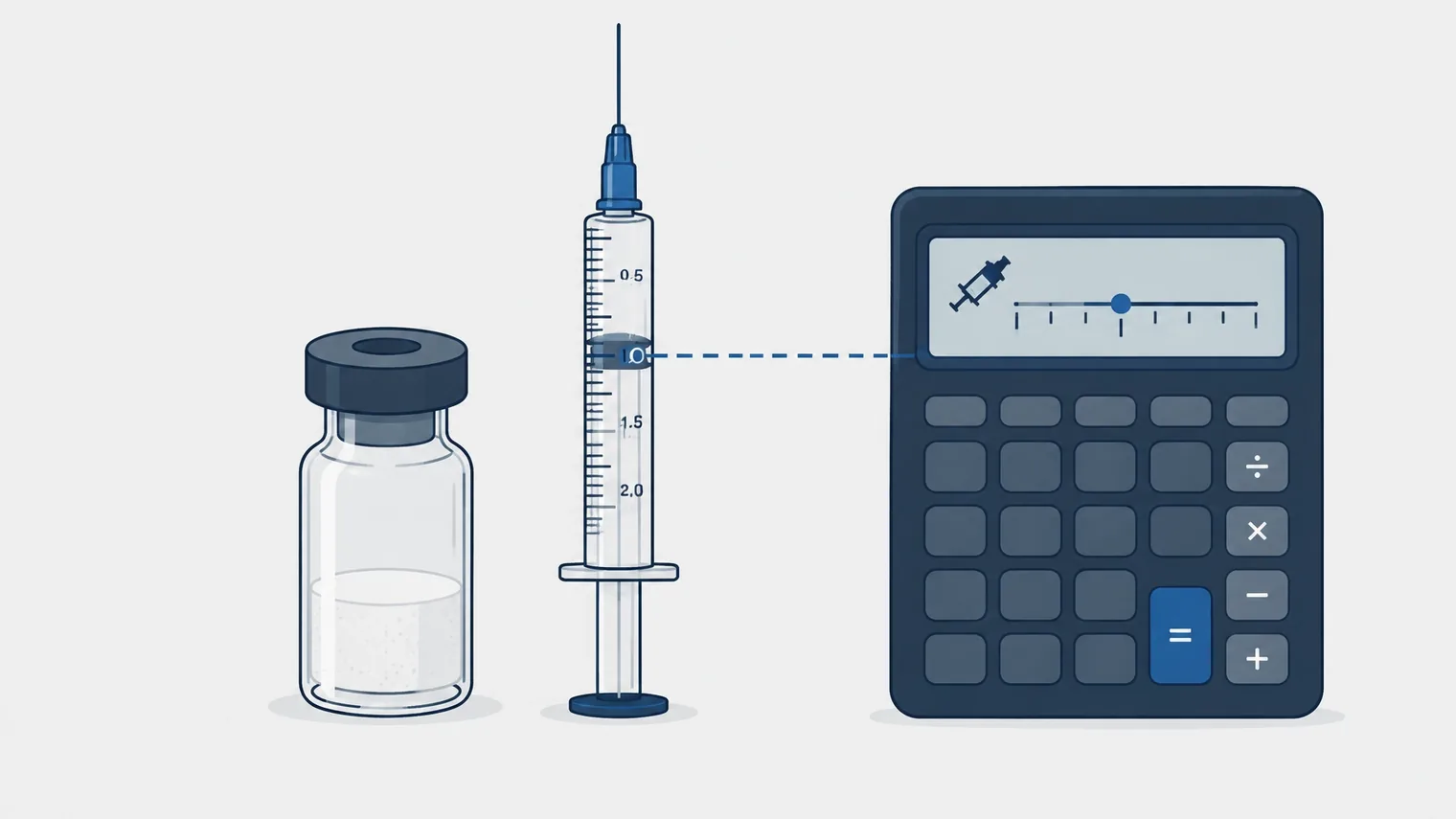 Ilustração técnica de um frasco de peptídeo, seringa graduada e calculadora de dose