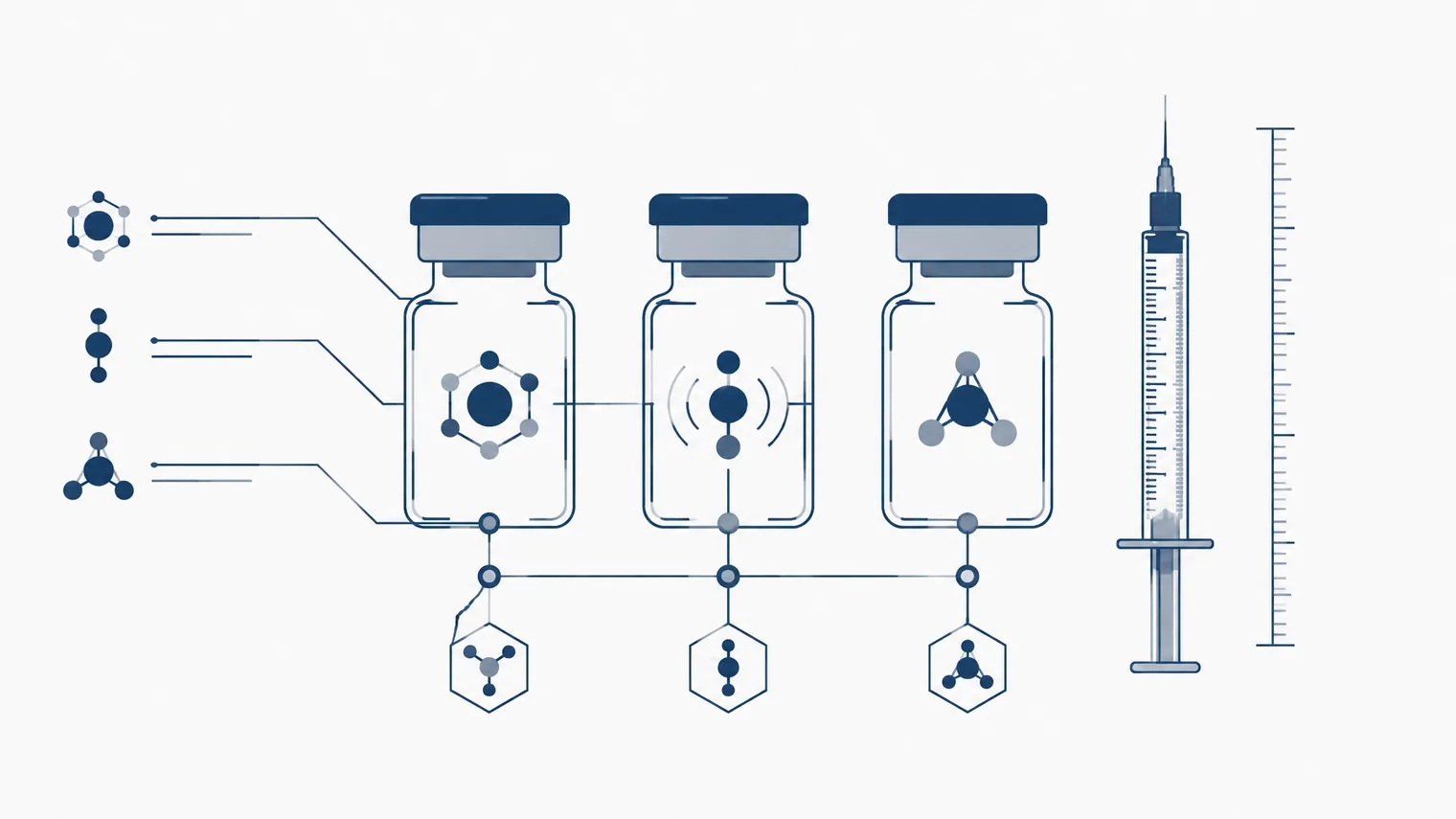 Ilustração técnica do blend Glow com frascos, seringa graduada e elementos de cálculo