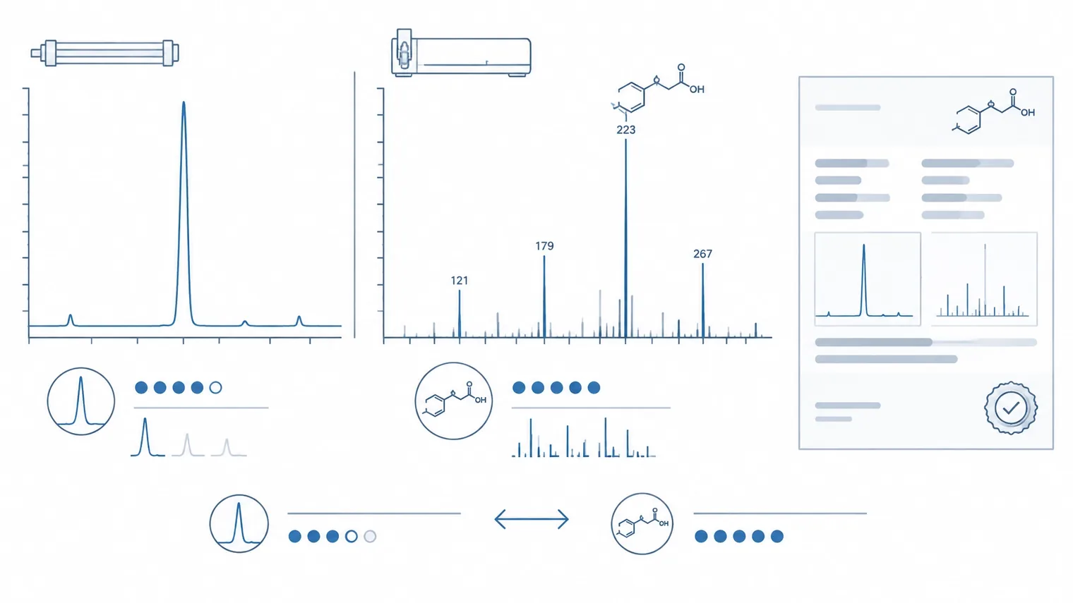 Ilustração técnica de um cromatograma HPLC ao lado de um espectro de massa e um certificado de análise