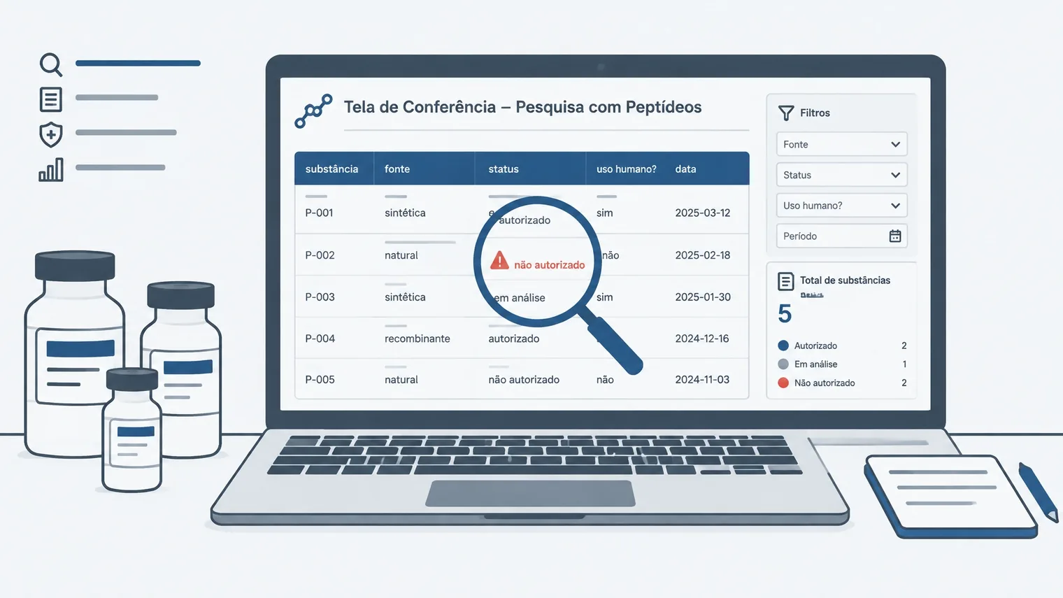 Tela conceitual de conferência de substância, fonte, status e data