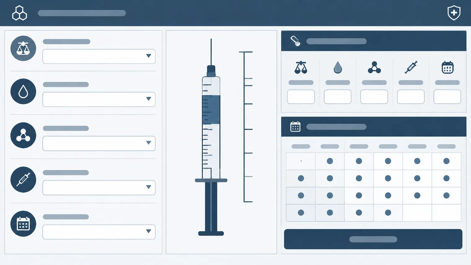 Interface vetorial conceitual para registro de massa, volume, concentração e calendário de pesquisa