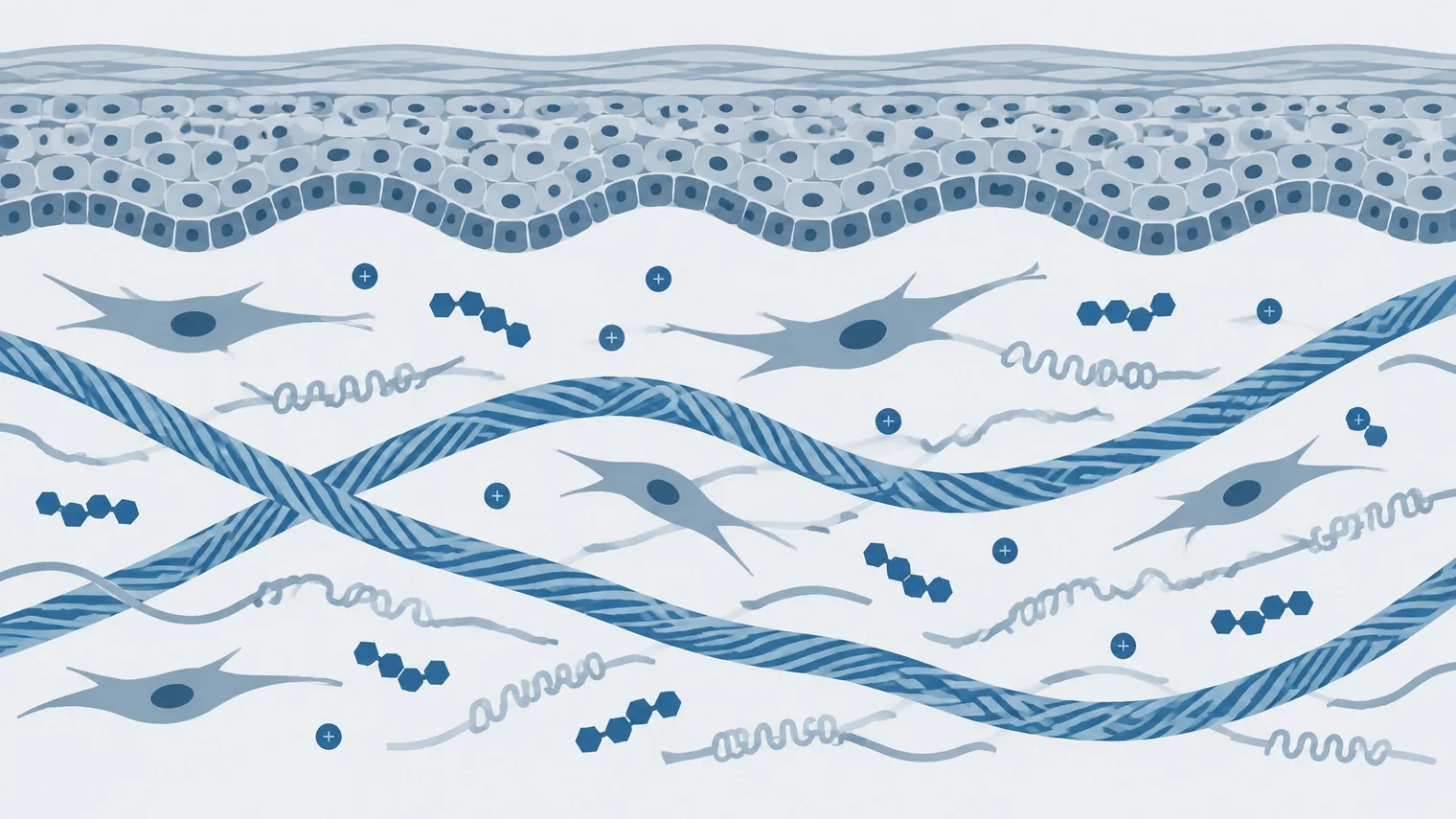 Ilustração esquemática da pele, fibroblastos dérmicos e matriz extracelular sob ação do GHK-Cu