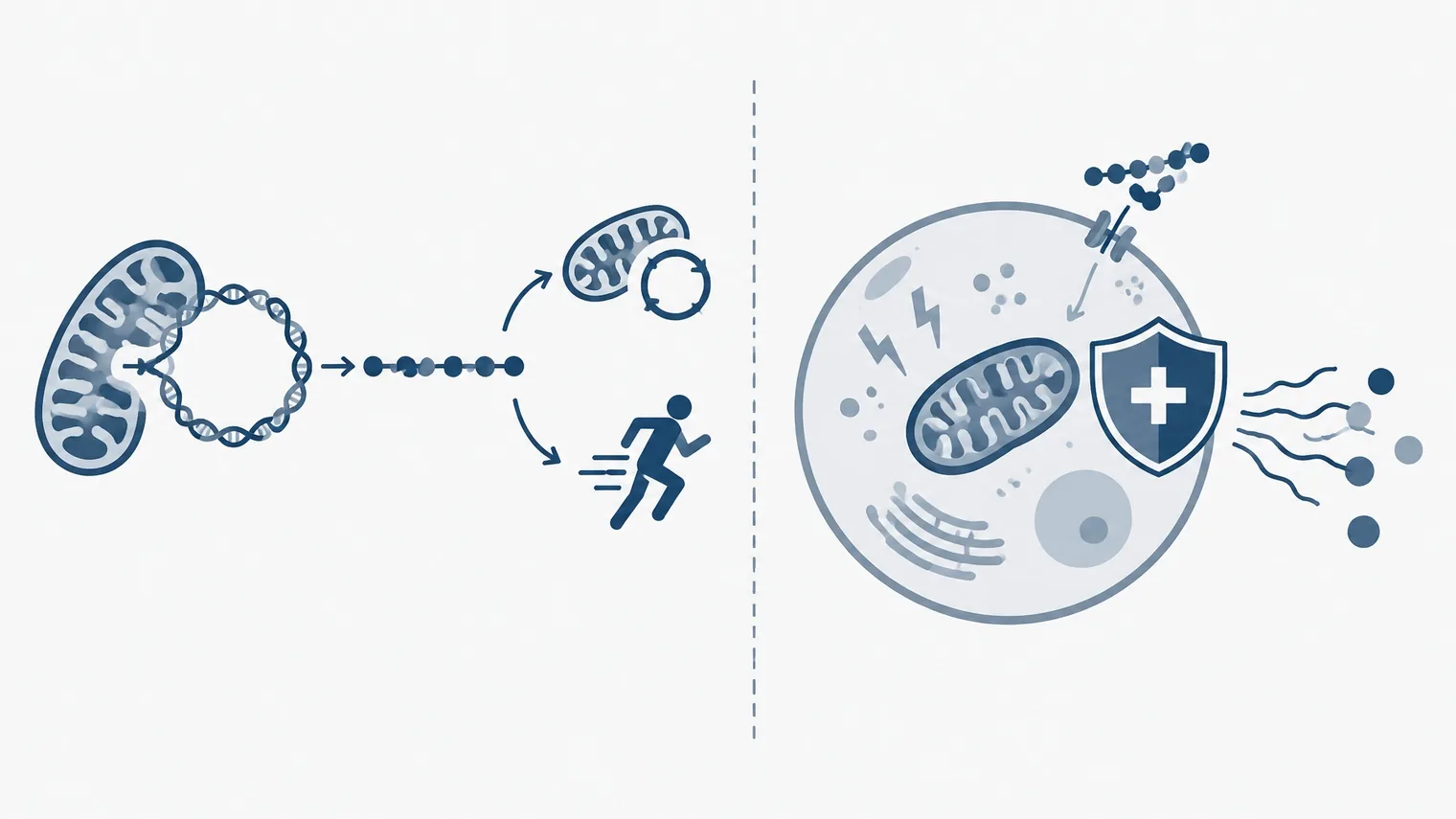 Ilustração vetorial comparando MOTS-c e Humanin, com DNA mitocondrial, metabolismo e citoproteção
