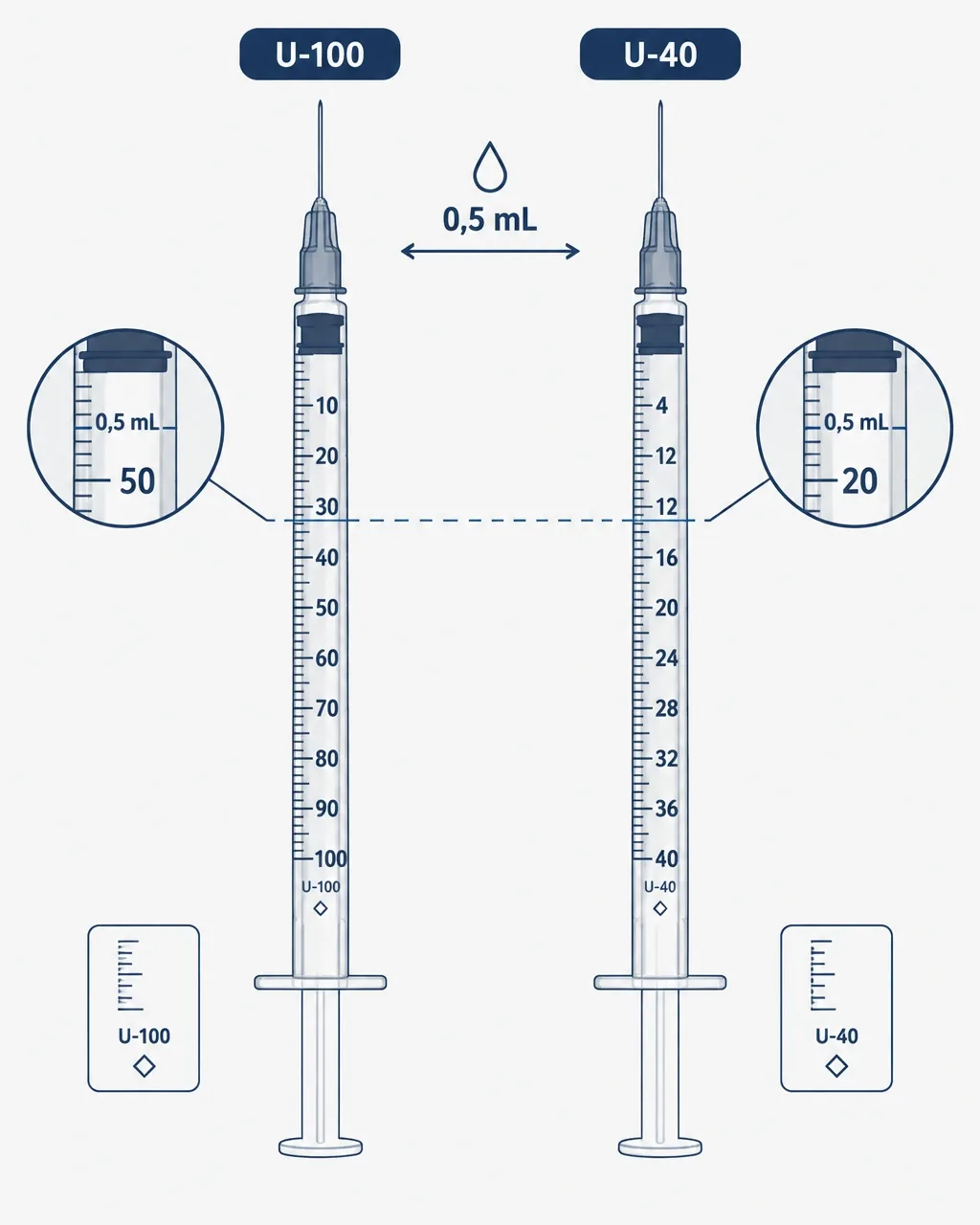 Ilustração vetorial comparando seringas U-100 e U-40 em escalas diferentes